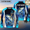 Maxcorners Fishing Shirt Electric Blue Flame Lightning Style Multiple Options Personalized Name, Team Name 3D Long Sleeve Shirt (13 Fish Species)