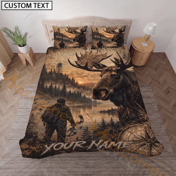 Maxcorners Custom Name Moose Hunting Bedding Set, Hunter and Bull Moose Mountain Sunset Bedding, Personalized Hunting Gift
