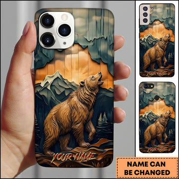 Maxcorners Bear Wildlife Layered Wood Carving Mountain Sunset Multiple Options Personalized Name Phone Case