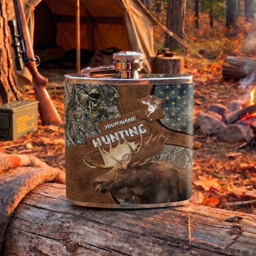 Maxcorners Moose Hunting Bull Moose and Rustic Wilderness Artwork Multiple Options Personalized Name 3D Hip Flask
