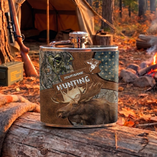 Maxcorners Moose Hunting Bull Moose and Rustic Wilderness Artwork Multiple Options Personalized Name 3D Hip Flask