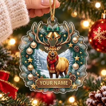 Maxcorners Majestic Elk Christmas Snowflake Wreath Personalized Name Christmas Ornament