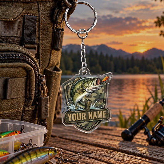 Maxcorners Vintage Olive Green Fishing Badge Personalized Name 2D Acrylic Keychain Ornament (8 Fish Species)