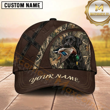 Maxcorners Dark Brown Leather Cross Strap Duck Hunting With Dogs Multi Options Personalized Name 3D Cap