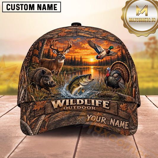 Maxcorners Sunset Lake Deer Wild Boar Duck Turkey Bass Wildlife Outdoor Hunting Multicolor Options Personalized Name 3D Cap