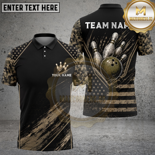 Maxcorners Bowling Vintage American Flag and Pins Multiple Options Personalized Name, Team Name 3D Shirt