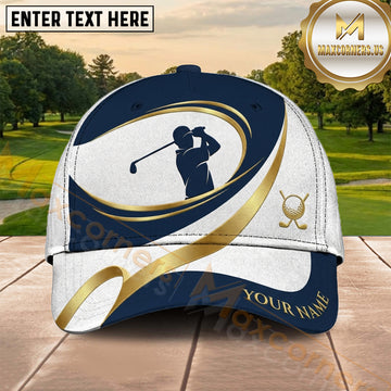 Maxcorners Golf Royal Navy Gold Golfer Swoosh Personalized Name 3D Cap