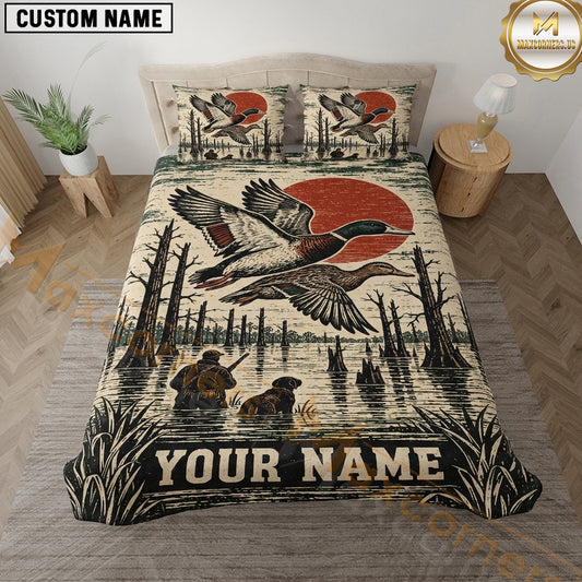 Maxcorners Duck Hunting Flying Mallards Wetland Silhouette Retro Artwork Multiple Options Personalized Name 3D Printed Bedding Set