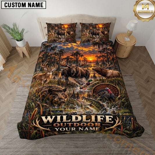 Maxcorners Wildlife Outdoor Hunting Wildlife Outdoor Sunset Forest Artwork Multiple Options Personalized Name 3D Printed Bedding Set
