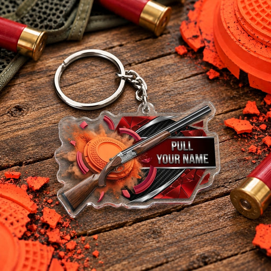 Maxcorners Red Black Exploding Clay Shotgun Trap Shooting Personalized Name Acrylic Keychain