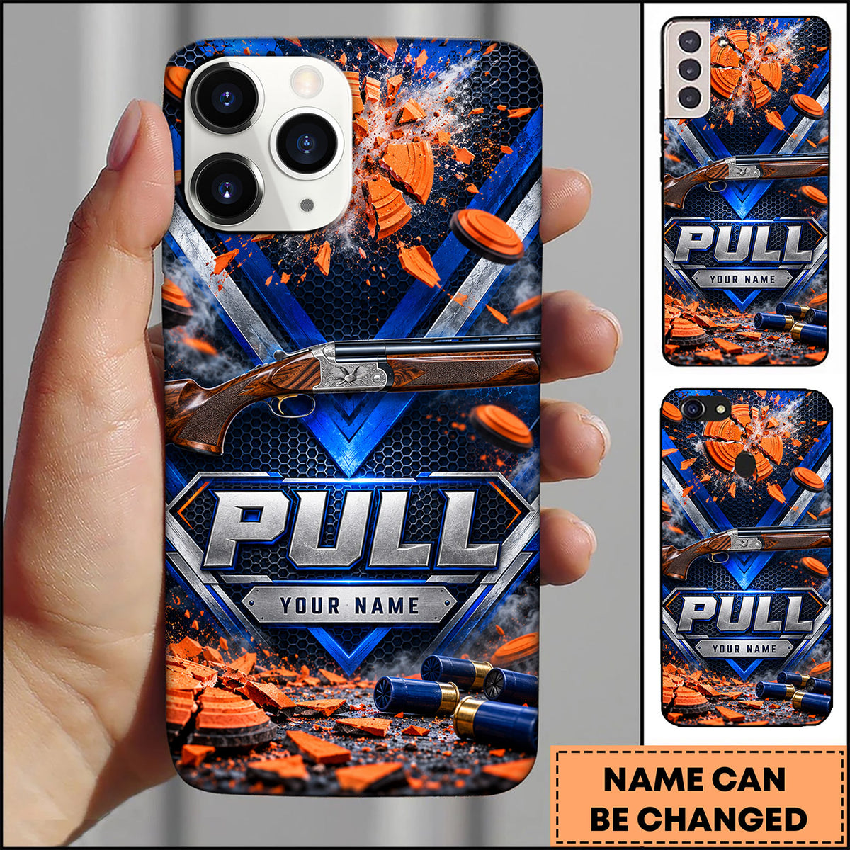 Maxcorners Trap Shooting Shotgun Blue Orange Dynamic Clay Targets Personalized Name 3D Phone Case