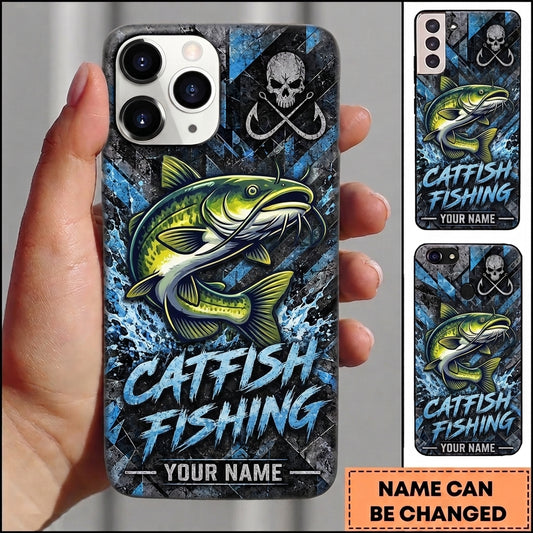 Maxcorners Fishing Skull Hook Grunge Artwork Multiple Options Personalized Name Phone Case (13 Fish Species)