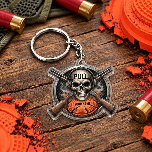 Maxcorners Skull Crossed Shotguns Clay Emblem Trap Shooting Personalized Name Acrylic Keychain