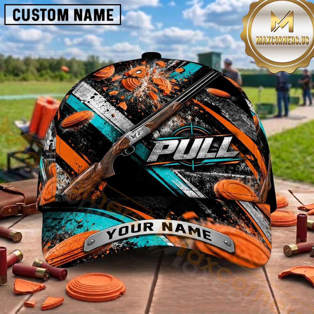 Maxcorners Trap Shooting Shotgun Woodland Camo Pull Graphic Multiple Options Personalized Name 3D Cap