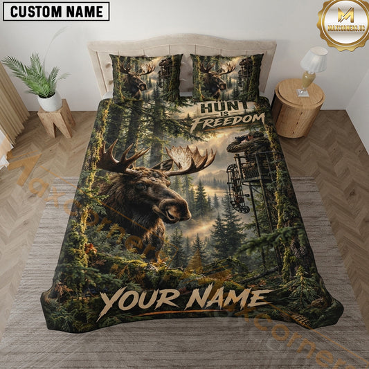 Maxcorners Moose Hunting Hunt Freedom Pine Forest Wilderness Artwork Multiple Options Personalized Name 3D Printed Bedding Set