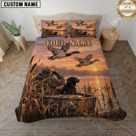 Maxcorners Dog Hunting Duck Hunting Retriever Flying Mallards Sunset Marsh Scene Multiple Options Personalized Name 3D Printed Bedding Set