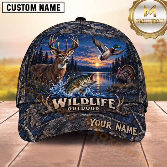 Maxcorners Blue Twilight Deer Duck Turkey Bass Wildlife Outdoor Hunting Multicolor Options Personalized Name 3D Cap