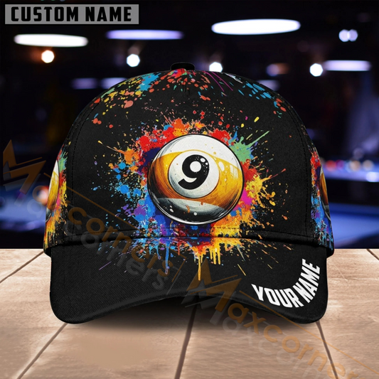 Maxcorners Billiards 9 Ball Orange Paint Splash Black Multiple Options Personalized Name 3D Cap