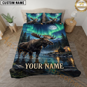 Maxcorners Moose Hunting Northern Lights Lake Night Wilderness Artwork Multiple Options Personalized Name 3D Printed Bedding Set