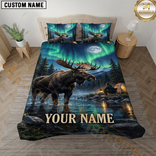 Maxcorners Moose Hunting Northern Lights Lake Night Wilderness Artwork Multiple Options Personalized Name 3D Printed Bedding Set