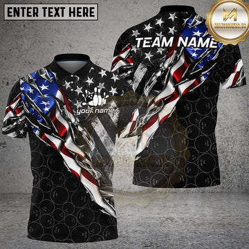 Maxcorners Bowling American Flag Torn Metal Pattern Multiple Options Personalized Name, Team Name 3D Shirt
