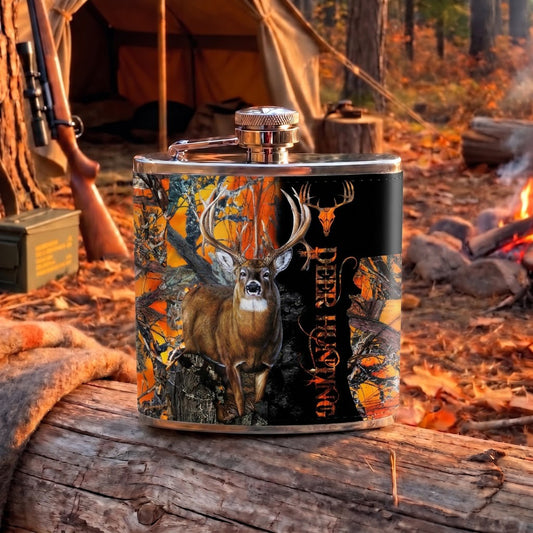 Maxcorners Deer Hunting Whitetail Buck and Dynamic Camouflage Artwork Multiple Options 3D Hip Flask