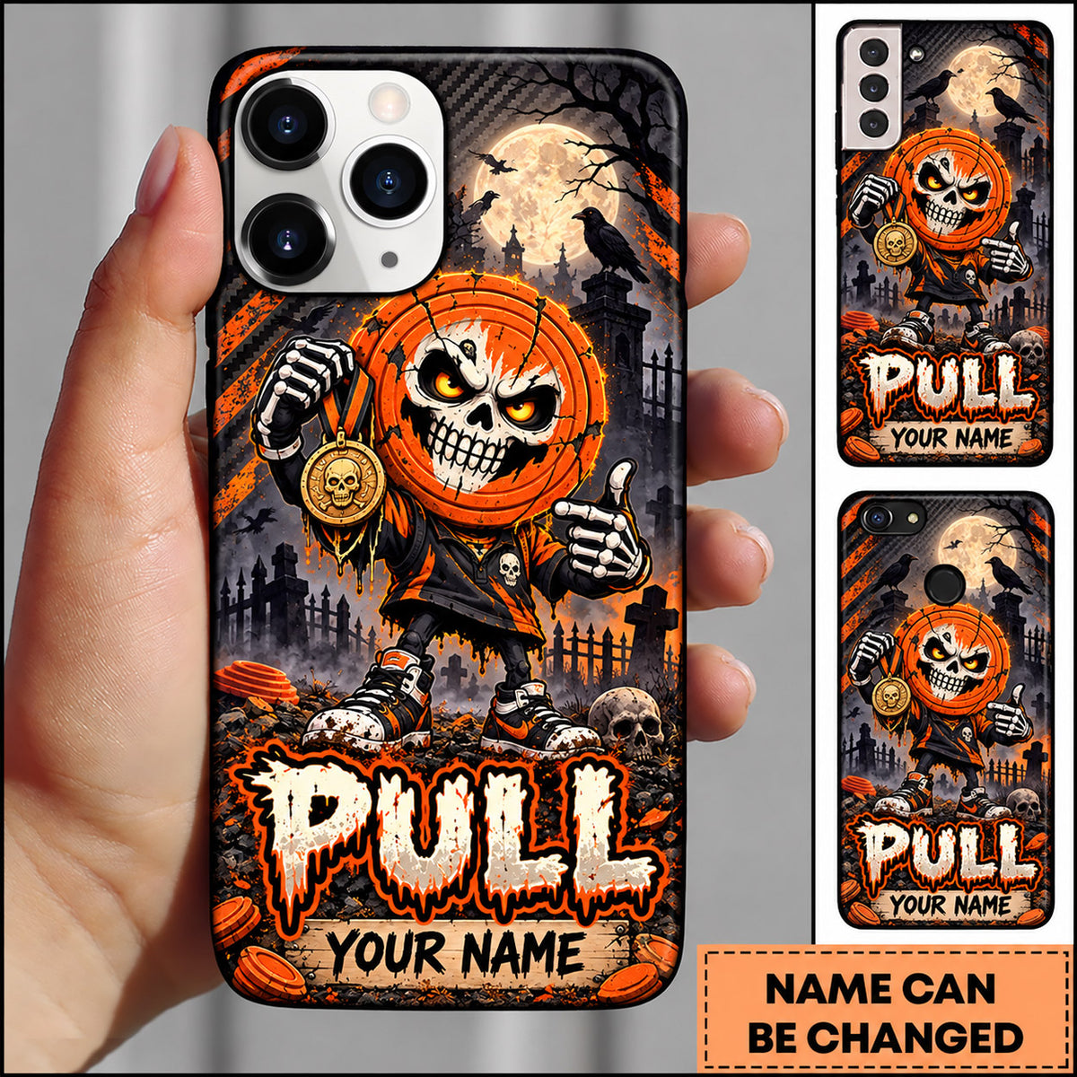 Maxcorners Trap Shooting Spooky Skull Clay Target Personalized Name 3D Phone Case