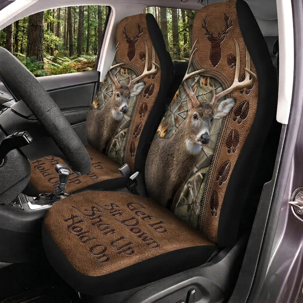 Maxcorners Deer Hunting Hold On Brown Leather Car Seat Covers
