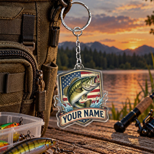 Maxcorners American Flag Fishing Shield Personalized Name 2D Acrylic Keychain Ornament (8 Fish Species)