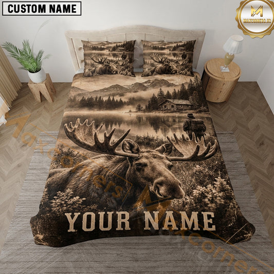 Maxcorners Moose Hunting Sepia Forest Rustic Wilderness Artwork Multiple Options Personalized Name 3D Printed Bedding Set