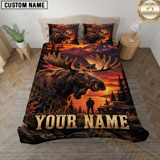 Maxcorners Moose Hunting Orange Sunset Lake Wilderness Scene Multiple Options Personalized Name 3D Printed Bedding Set