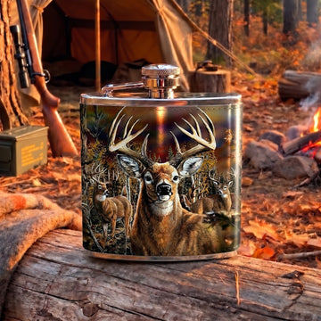 Maxcorners Deer Hunting Majestic Buck and Wilderness Collage Multiple Options 3D Hip Flask