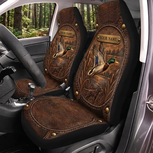 Maxcorners Duck Hunting Vintage Brown Leather Emblem Personalized Name Car Seat Covers