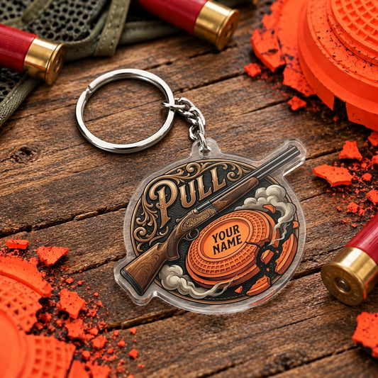 Maxcorners Vintage Ornamental Shotgun Clay Badge Trap Shooting Personalized Name Acrylic Keychain
