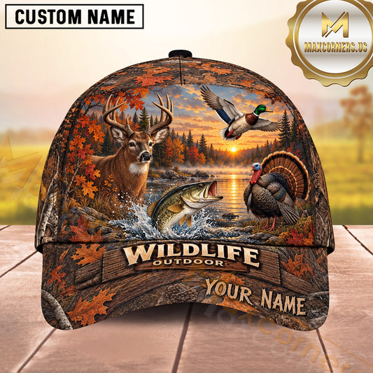 Maxcorners Autumn Forest Deer Duck Turkey Bass Wildlife Outdoor Hunting Multicolor Options Personalized Name 3D Cap