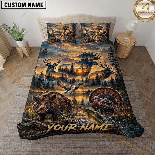 Maxcorners Wildlife Outdoor Hunting Lake Sunset Wilderness Scene Multiple Options Personalized Name 3D Printed Bedding Set