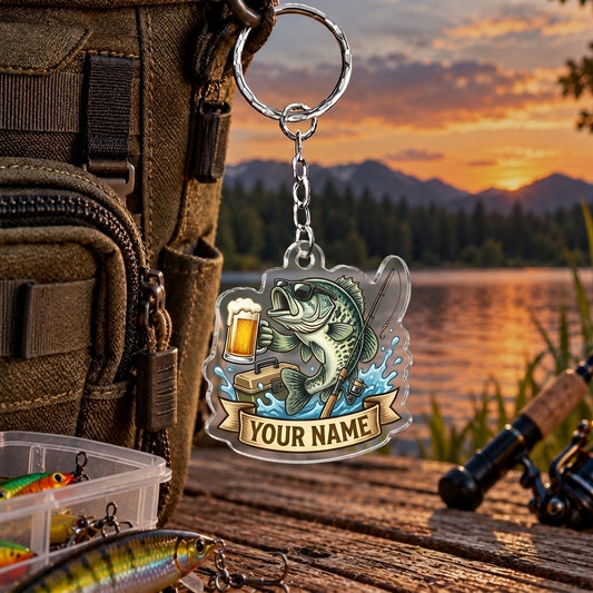 Maxcorners Vintage Beer Mug Fishing Artwork Personalized Name 2D Acrylic Keychain Ornament (8 Fish Species)