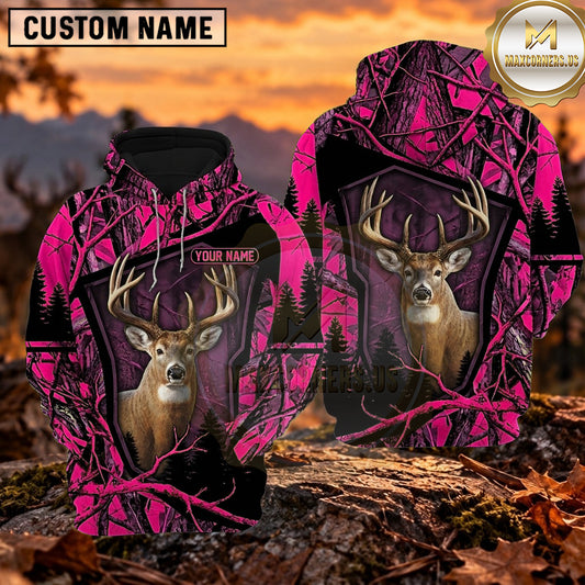 Maxcorners Trophy Buck Woodland Camo Shield Personalized Name 3D Hoodie