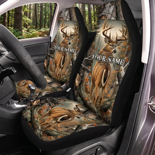 Maxcorners Deer Hunting Buck Woodland Camo Personalized Name Car Seat Covers