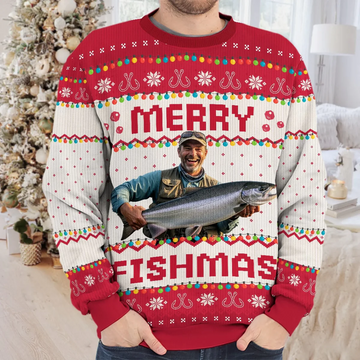 Maxcorners Custom Photo Merry Fishmas Sweater, Funny Fisherman Ugly Sweater, Fishing Ugly Christmas Sweater