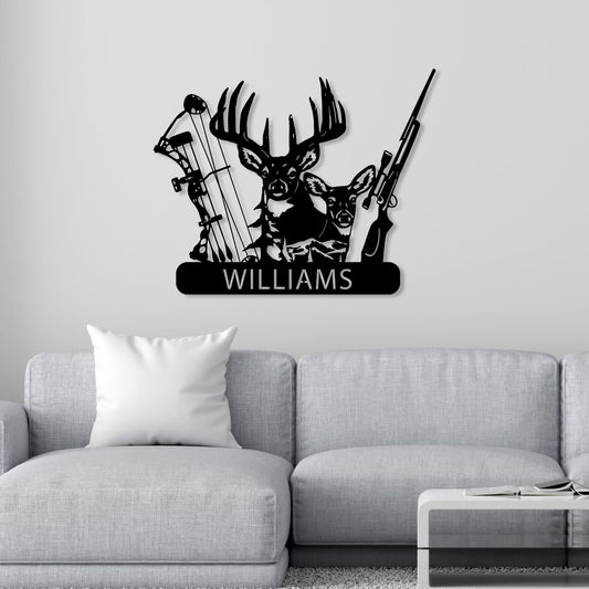 Maxcorners Personalized Deer Hunter Metal Wall Art, Custom Name Bow and Hunting Rifle Sign, Deer Hunting Wall Hanging, Hunter Gift LM0110