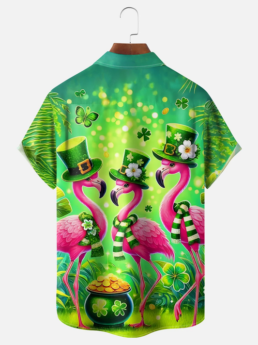 Maxcorners St. Patrick's Day Four Leaf Clover Flamingo Hawaiian Golf Shirt, Funny Flamingo Men's Golf Shirt