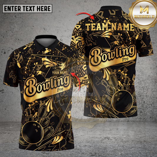 Maxcorners Bowling Pro Shirt Black Gold Splatter Multicolor Options Personalized Name, Team Name 3D Shirt (4 Colors)