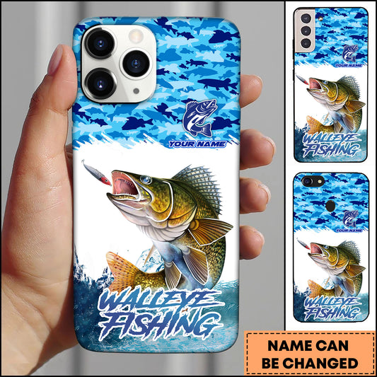 Maxcorners Walleye Fishing Phone Case Jumping Water Splash Blue Scale Pattern Personalized Name Phone Case