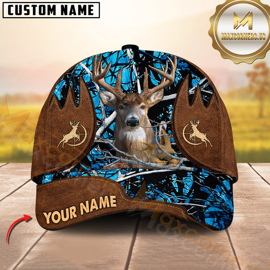 Maxcorners Deer Hunting Camo Forest Dual Leather Panel Target Deer Icon Pattern Personalized Name 3D Cap (6 Colors)
