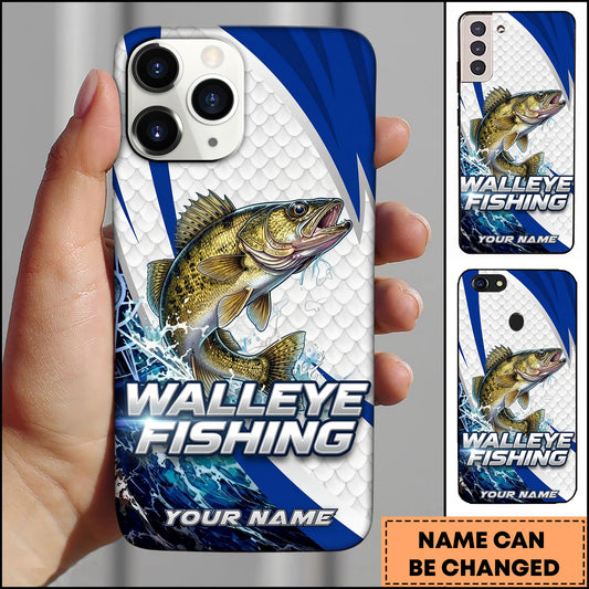 Maxcorners Walleye Fishing Phone Case  Scale Texture White Blue Dynamic Wave Art Personalized Name Phone Case