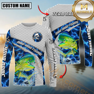 Maxcorners Mahi-mahi Fishing Honeycomb Electric Water Splash Personalized Name, Team Name Long Sleeve Shirt