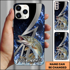 Maxcorners Pike Fishing Blue Flame Lightning Strike Personalized Name Phone Case