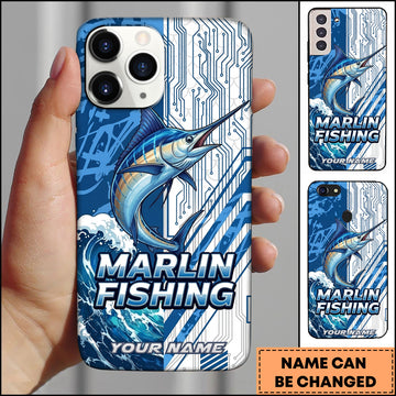 Maxcorners Marlin Fishing Phone Case  Circuit Board Tech Blue Sport Design Personalized Name Phone Case