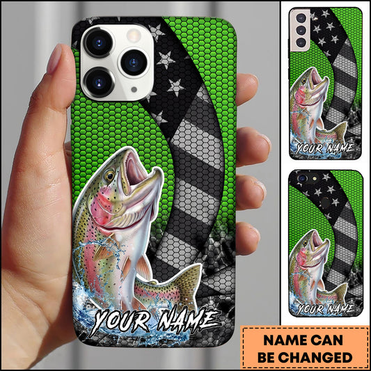 Maxcorners Trout Fishing Neon Green Honeycomb Wave Splash Personalized Name Phone Case